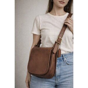 Vintage Coach Brown Leather Crossbody Bag USA Made Saddle Flap Brass Hardware